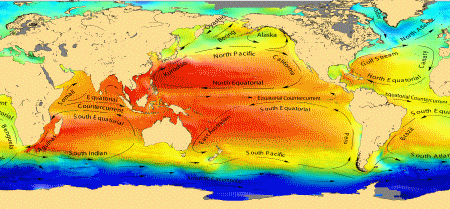 Grands courants océaniques superposés à la topographie dynamique moyenne.