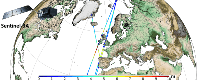 Hauteurs de vagues mesurées par le satellite Sentinel-3A au passage de des tempêtes Carmen et Eleanor en janvier 2018