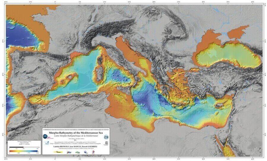 carte de bathymétrie en mer Méditerranée