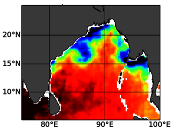 carte de salinité de surface mesurée par SMOS dans le golfe du Bengale carte de salinité de surface mesurée par SMOS dans le golfe du Bengale