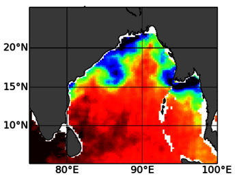 carte de salinité de surface mesurée par SMOS dans le golfe du Bengale