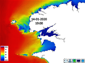 Hauteurs et direction des vagues au passage de la tempête Brendan sur les côtes bretonnes le 14 janvier 2020