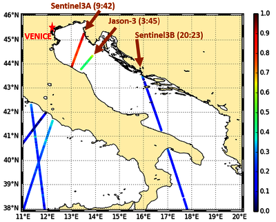 mesures satellites de l'Acqua Alta, à Venise, en 2019