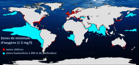 Carte de concentrations en oxygène dissous dans les océans et zones de minimum d'oxygène