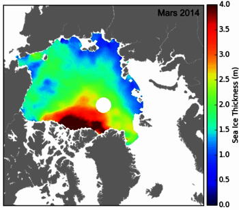 Carte d'épaisseur de glace de mer sur l'océan Arctique mesurée par l'altimètre de Cryosat-2