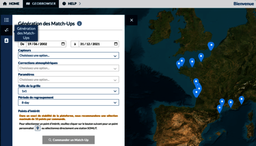 Geobrowser pour visualiser et télécharger les produits Couleur de l'Ocean, ici avec localisationd es stations du SNO SOMLIT