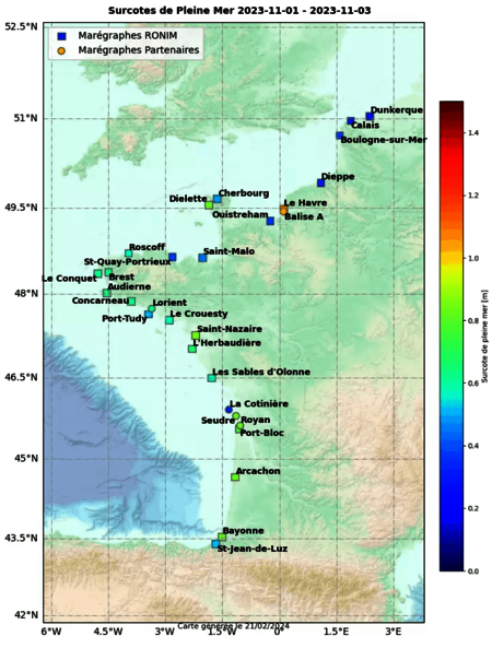 hauteurs de surcotes de pleines mers pendant la tempête Ciaran 