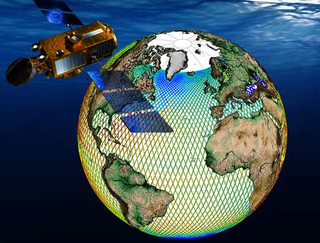 satellite Jason-2 avec carte de mesures long de la trace des anomalies de hauteurs de mer