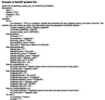 détails de la description d'un fichier NetCDF : dimension, variables, champs muldimensionnels, attributs globaux