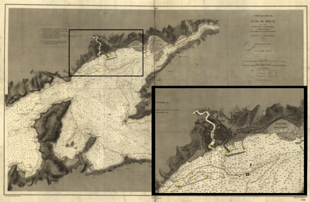 carte marine du SHOM dans la rade de Brest, avec relevés bathymétriquesédition 1880
