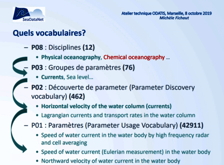  discipline (P08), catégorie (P03), paramètre de découverte (P02) et vocabulaire de description paramètre Océan