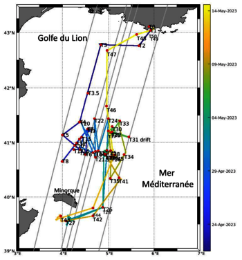 Carte avec la trajectoire du N/O L'Atalante pendant la campagne BioSWOT-Med