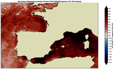 Anomalies de température de surface des océans le 30 juin 2025 par rapport à la période 1993-2014, mesurées par satelllite Anomalies de température de surface des océans le 30 juin 2025 par rapport à la période 1993-2014, mesurées par satelllite