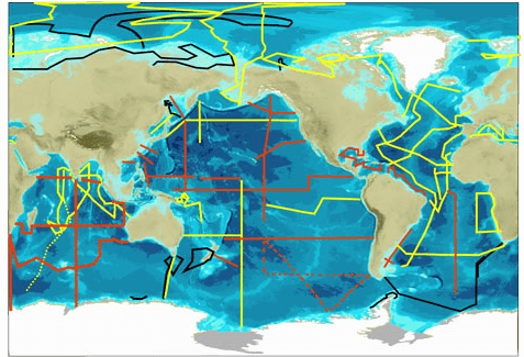 carte des sections GEOTRACES lors de campagne en mer pour la mesure des éléments géochimiques