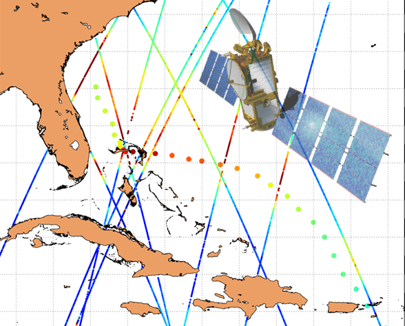 Mesure des hauteurs de vagues au passage du cyclone DORIAN, par les satellites altimètres, en septembre 2019 aux Bahamas. Crédits Eumetsat/CNES/CLS