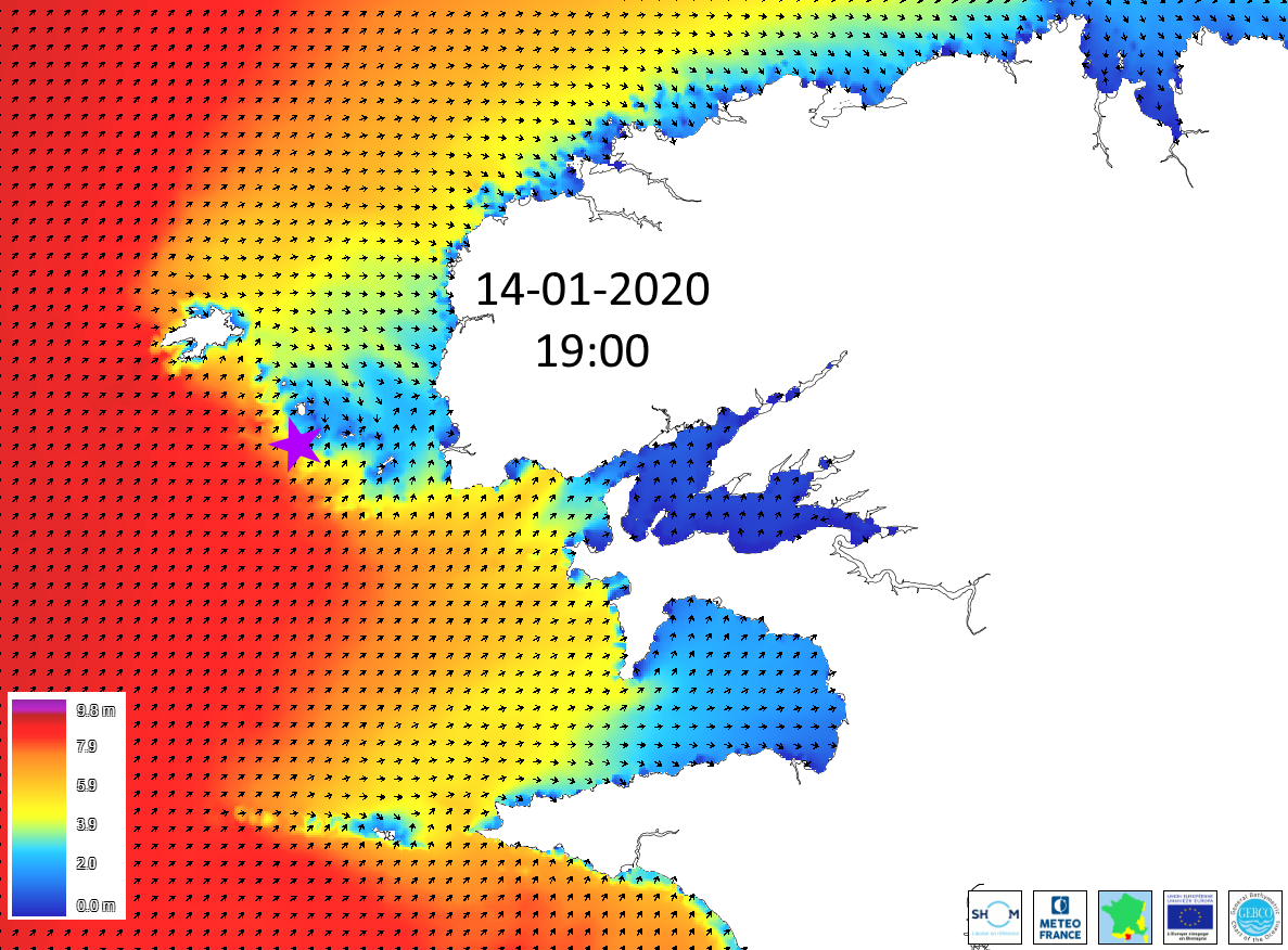 Hauteurs et direction des vagues au passage de la tempête Brendan sur les côtes bretonnes le 14 janvier 2020